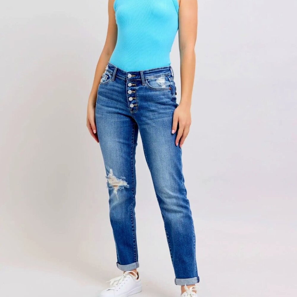 Judy Blue Full Size Button Fly Distressed Jeans with Pockets Plus Size